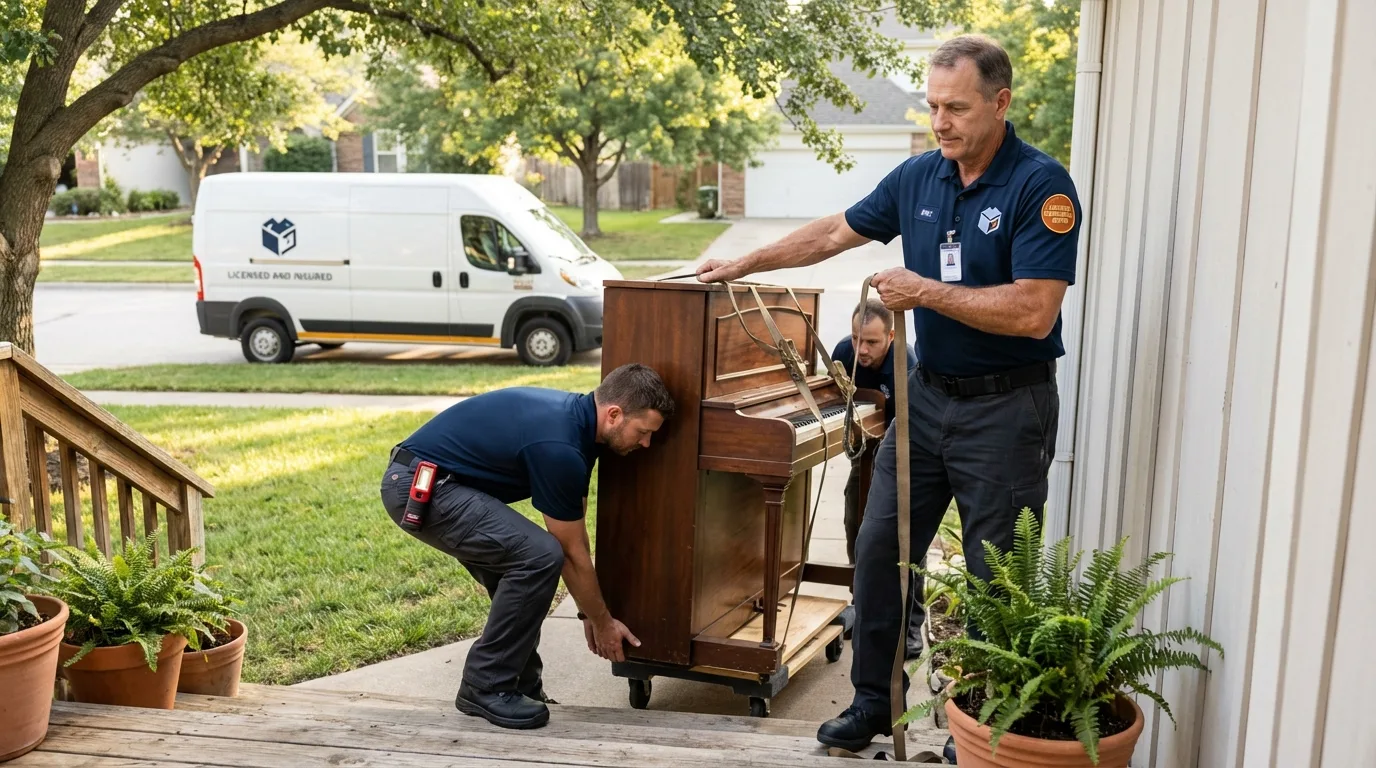 Licensed piano movers securing grand piano in Mount Holly, VT