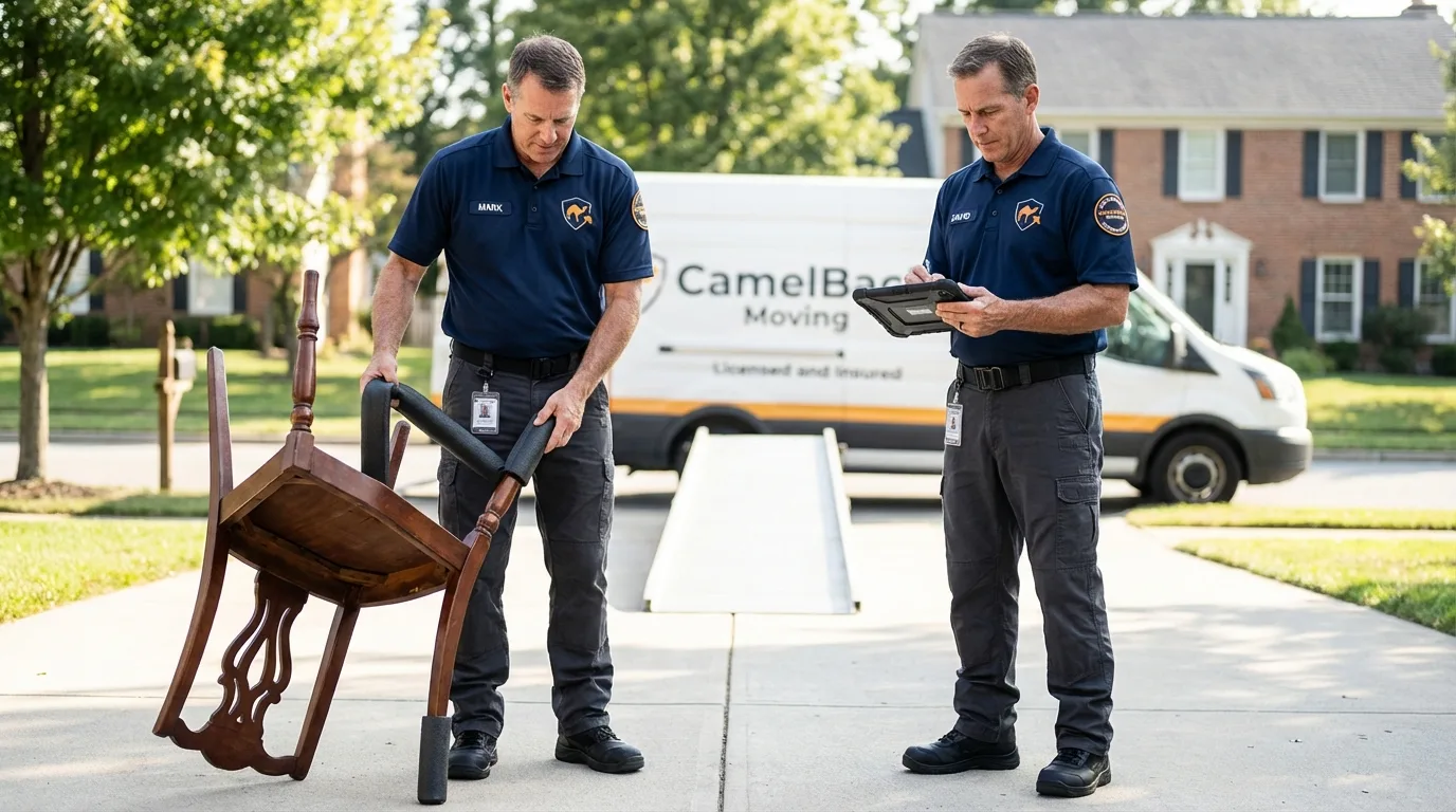 Movers inspecting furniture for damage prevention before loading in Mount Holly, VT