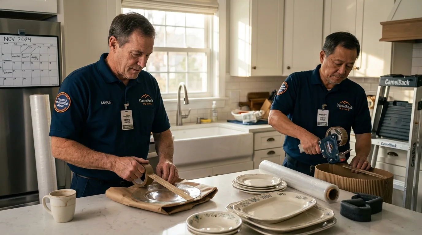 Professional crew packing kitchen dishware in Mount Holly, VT
